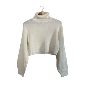 H&M Cropped Ribbed Turtleneck Sweater Cream White Relaxed Fit
